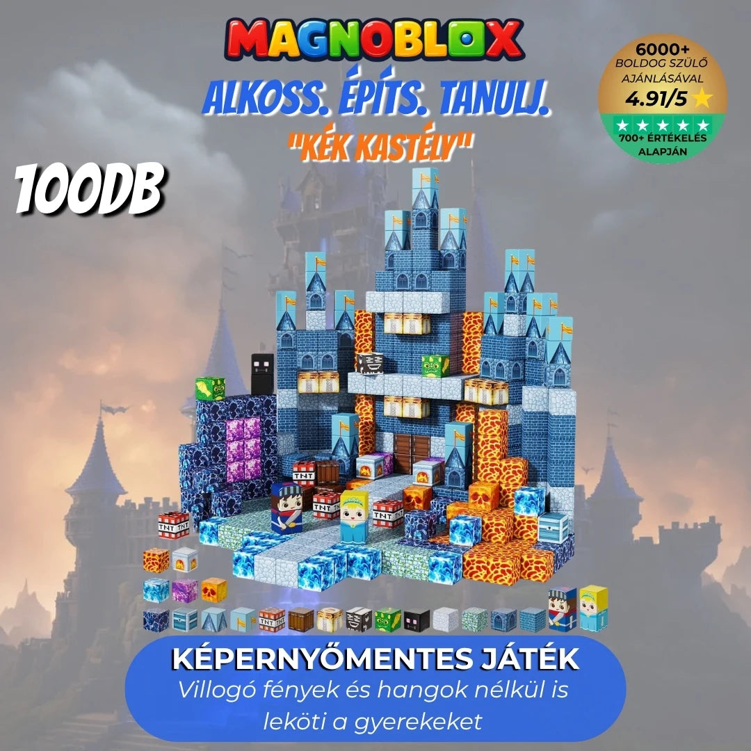 "Kék Kastély" 100db Magnoblox™ Mágneses Fejlesztő Építőkocka