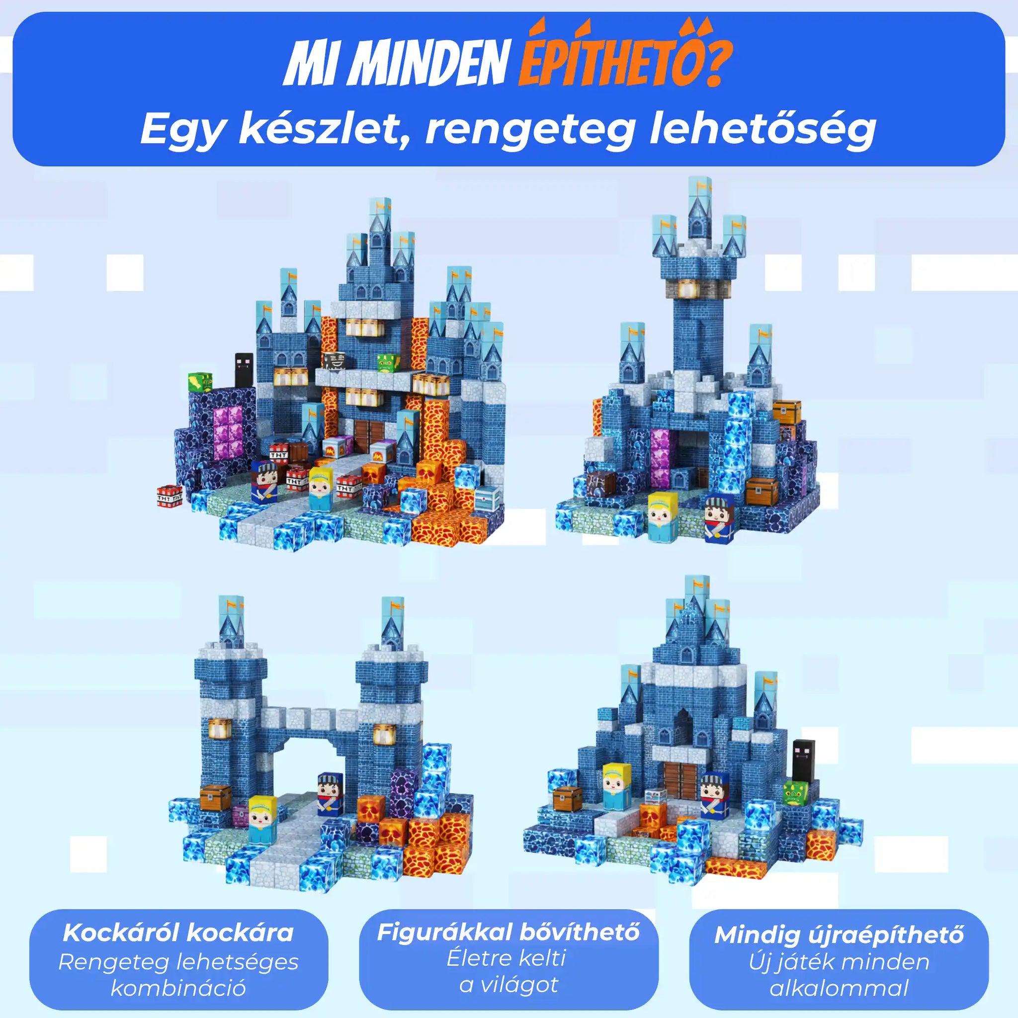 "Kék Kastély" 100db Magnoblox™ Mágneses Fejlesztő Építőkocka