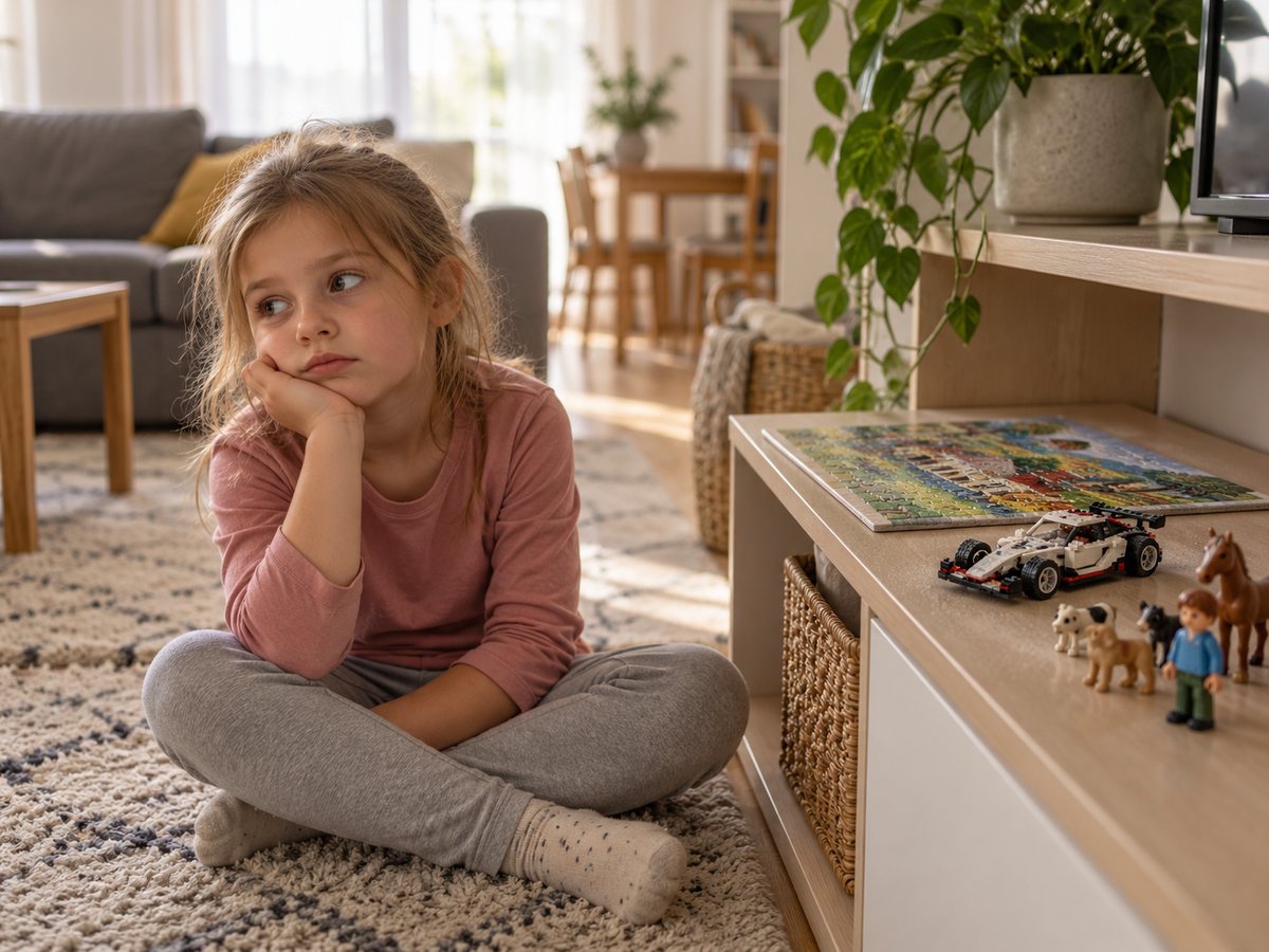 Unott gyerek a polcon álló játékok mellett