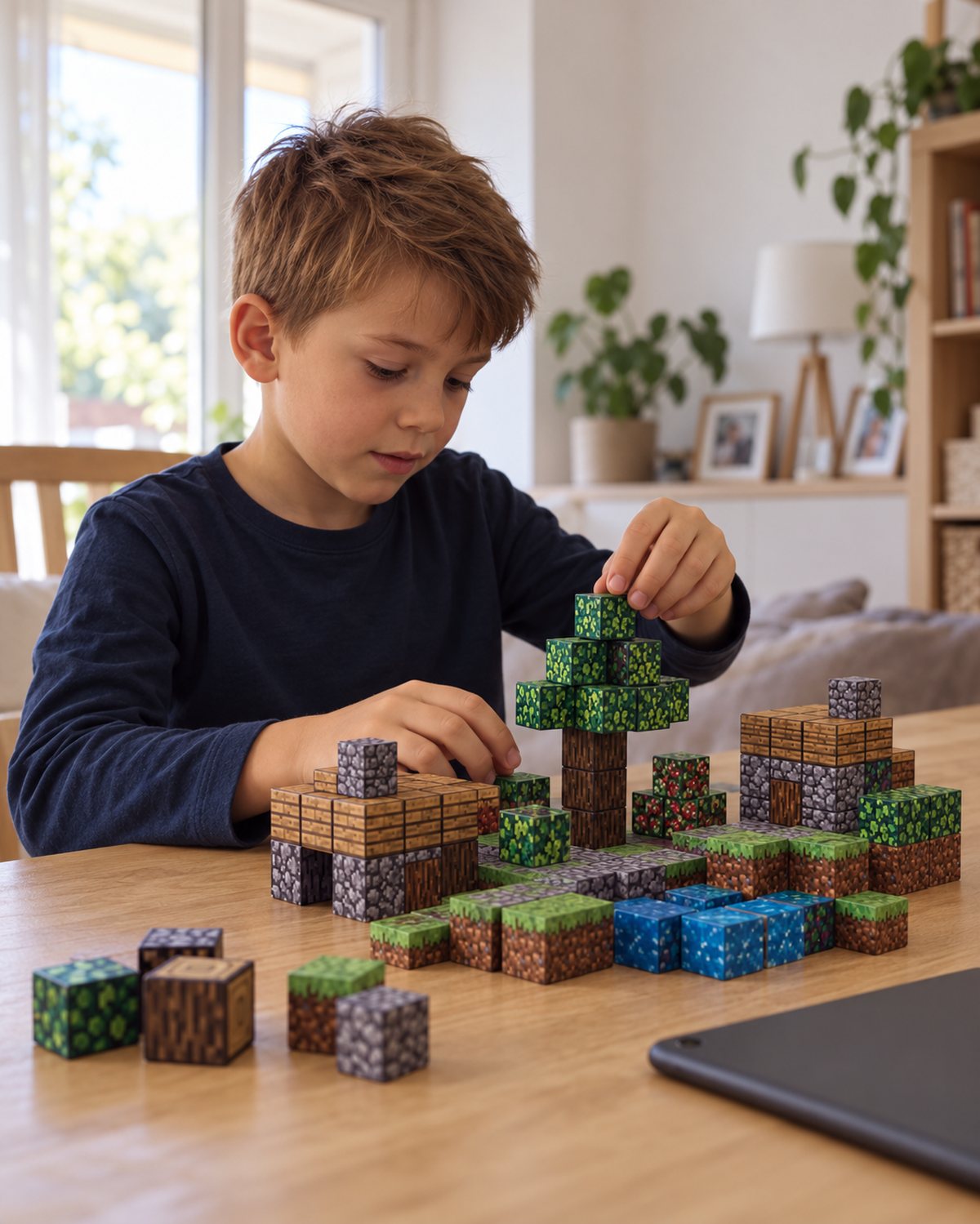 Pixeles kockafalu az asztalon, mellette lefordított tablet