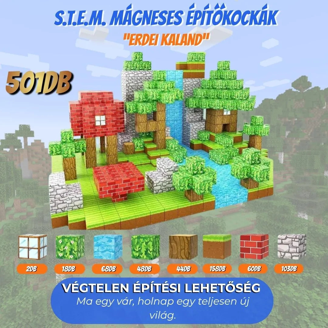 Magnoblox Erdei Kaland 501 darabos mágneses építőkocka készlet – nagy erdei táj házzal, fákkal és vízeséssel