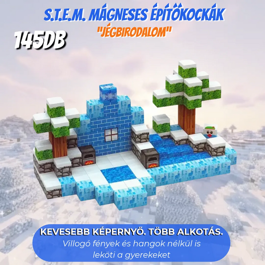 Magnoblox Jégbirodalom 145 darabos mágneses építőkocka készlet – kék jégház havas fákkal és befagyott tóval